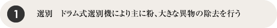 選別　ドラム式選別機により主に粉、大きな異物の除去を行う